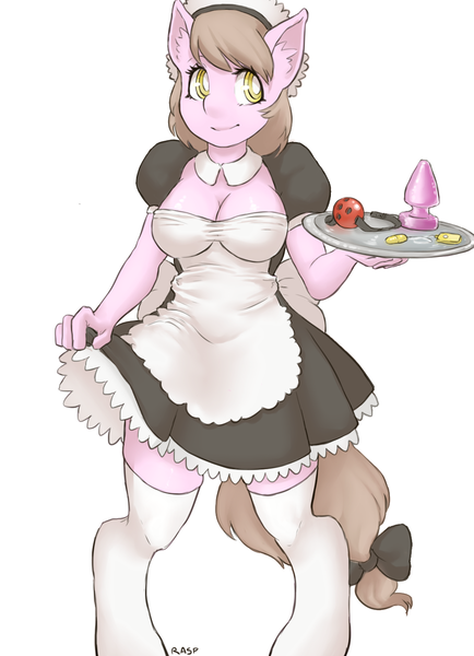 Size: 1050x1450 | Tagged: questionable, artist:the-rasp-b, derpibooru import, anthro, ballgag, bow, buttplug, clothes, egg vibrator, female, female oc, french maid, gag, hair bow, image, maid, png, sex toy, simple background, socks, solo, solo female, vibrator, white background, yellow eyes