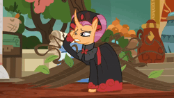 Size: 800x450 | Tagged: safe, derpibooru import, edit, edited screencap, screencap, sable spirit, pony, unicorn, campfire tales, animated, clothes, curved horn, female, g4, gif, hoof on cheek, horn, image, mare, solo, solo female, surprised