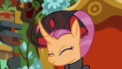 Size: 1280x720 | Tagged: safe, derpibooru import, edit, edited screencap, screencap, sable spirit, pony, unicorn, campfire tales, ^^, clothes, curved horn, cute, empress sable spirit, eyes closed, female, flower, g4, horn, image, mare, png, smiling, solo, young sable spirit
