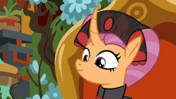 Size: 800x450 | Tagged: safe, derpibooru import, edit, edited screencap, screencap, sable spirit, pony, unicorn, campfire tales, ^^, animated, clothes, curved horn, cute, daaaaaaaaaaaw, empress sable spirit, eyes closed, female, flower, g4, gif, horn, image, mare, smiling, solo, solo female, young sable spirit