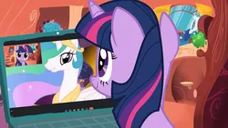 Size: 1024x576 | Tagged: safe, artist:m1345356, derpibooru import, princess celestia, twilight sparkle, alicorn, pony, unicorn, computer, g4, golden oaks library, horn, image, jpeg, laptop computer, library, unicorn twilight, webcam, zoom