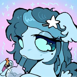 Size: 1200x1200 | Tagged: safe, artist:larvaecandy, derpibooru import, oc, unnamed oc, unofficial characters only, pegasus, pony, beanbrows, beauty mark, big eyes, blue coat, bong, bust, clothes, colored sclera, commission, curly mane, drug use, drugs, ear fluff, eye clipping through hair, eyebrows, eyelashes, eyeshadow, female, floppy ears, gradient background, hair accessory, hairclip, hoof hold, horn, icon, image, jacket, jpeg, lidded eyes, lighter, long mane, makeup, mare, marijuana, pegasus oc, ponysona, profile picture, shiny mane, short horn, solo, sparkles, teal mane, teal sclera, two toned mane, underhoof, unicorn horn, wingding eyes, wings, ych result