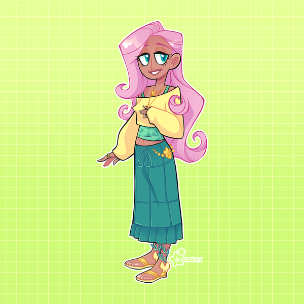 Size: 3000x3000 | Tagged: safe, artist:3ggmilky, derpibooru import, fluttershy, human, belly button, clothes, cute, dark skin, feet, female, green background, grin, humanized, image, midriff, nail polish, png, sandals, shirt, shyabetes, simple background, skirt, smiling, solo, tanktop, toenail polish