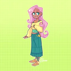 Size: 3000x3000 | Tagged: safe, artist:3ggmilky, derpibooru import, fluttershy, human, belly button, clothes, cute, dark skin, feet, female, green background, grin, humanized, image, midriff, nail polish, png, sandals, shirt, shyabetes, simple background, skirt, smiling, solo, tanktop, toenail polish