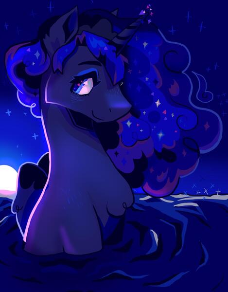 Size: 1500x1919 | Tagged: safe, artist:tuplepaw, derpibooru import, princess luna, alicorn, pony, backlighting, blue coat, blue eyes, blue mane, bluescale, chest fluff, colored pinnae, curly mane, ear fluff, ethereal mane, eyeshadow, female, folded wings, full moon, g4, horn, image, jpeg, lidded eyes, looking back, makeup, mare, missing accessory, monochrome, moon, night, partially submerged, profile, sitting, sky background, smiling, solo, sparkly eyes, starry mane, stars, unicorn horn, water, wingding eyes, wings