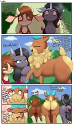 Size: 3247x5500 | Tagged: suggestive, artist:an-tonio, derpibooru import, oleander (tfh), velvet reindeer, classical unicorn, cow, deer, pony, reindeer, unicorn, comic:the bet (tfh), them's fightin' herds, arizona (tfh), butt, chest fluff, cloven hooves, comic, community related, dialogue, dock, emanata, female, females only, horn, image, leonine tail, looking at you, plot, png, smiling, smirk, tail, the ass was fat, unshorn fetlocks, velvetbutt