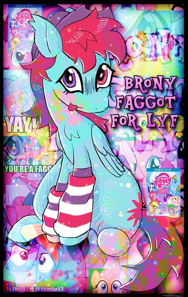 Size: 2588x4096 | Tagged: safe, artist:tuplepaw, derpibooru import, oc, unnamed oc, unofficial characters only, pegasus, pony, :3, abstract background, big ears, big eyes, brony, chest fluff, clothes, ear tufts, eyelashes, faggot, hat, heterochromia, image, jpeg, leg warmers, open mouth, open smile, pegasus oc, pink mane, pink tail, signature, sitting, slur, smiling, solo, striped leg warmers, tail, teal coat, vulgar, wingding eyes, wings