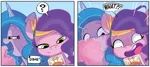 Size: 2157x969 | Tagged: safe, artist:amy mebberson, derpibooru import, idw, izzy moonbow, pipp petals, pegasus, pony, unicorn, g5, spoiler:comic, spoiler:g5comic, cotton candy, female, horn, image, mare, my little pony: set your sail, phone, png, set your sail