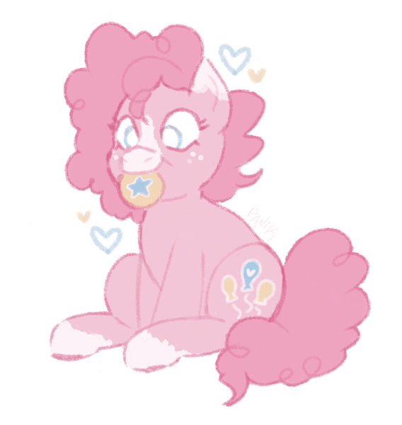 Size: 974x1029 | Tagged: safe, artist:panicking0no, derpibooru import, pinkie pie, earth pony, pony, alternate color palette, alternate design, blaze (coat marking), blue eyes, coat markings, colored eartips, colored muzzle, cookie, curly mane, curly tail, cute, diapinkes, eyelashes, facial markings, female, floating heart, food, freckles, g4, heart, image, long mane, long tail, looking at something, looking down, mare, mouth hold, nom, pastel, pink coat, pink mane, pink tail, png, simple background, sitting, smiling, socks (coat marking), tail, white background, wingding eyes