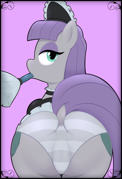 Size: 1280x1874 | Tagged: suggestive, artist:acstlu, derpibooru import, maud pie, clothes, duster, french maid, image, looking at you, looking back, looking back at you, maid, panties, png, purple background, rear view, simple background, underwear