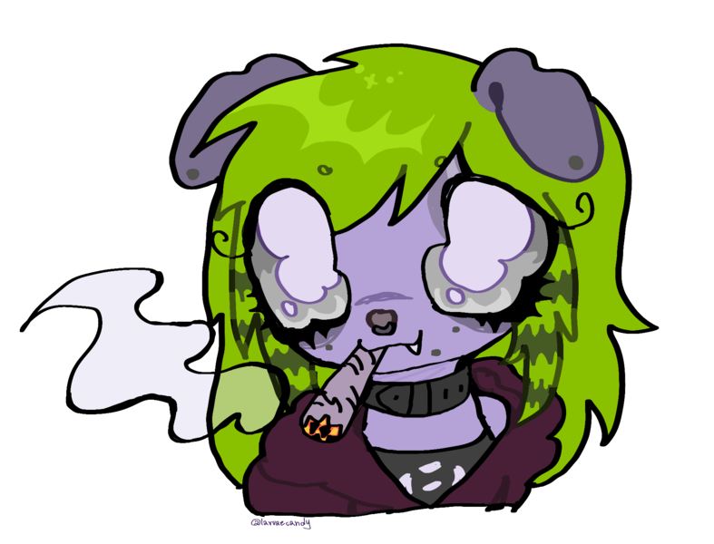 Size: 1840x1402 | Tagged: safe, artist:larvaecandy, derpibooru import, oc, oc:bug brainz, anthro, hybrid, raccoon, werewolf, 4/20, anthro oc, bags under eyes, blunt, bust, collar, drugs, emo, eyelashes, eyeshadow, facial piercing, fangs, image, looking at you, makeup, marijuana, non-pony oc, nonbinary, not pony related, piercing, png, scemo, scene, smoke weed everyday, smoking, solo, three quarter view
