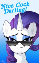 Size: 750x1200 | Tagged: suggestive, alternate version, artist:lennonblack, rarity, pony, unicorn, g4, gradient background, image, looking at you, meme, png, solo, sunglasses, the ass was fat, vulgar
