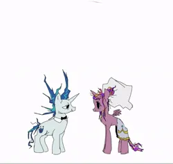 Size: 841x798 | Tagged: safe, artist:paichi-art, derpibooru import, princess cadance, shining armor, alicorn, pony, unicorn, alternate hairstyle, bowtie, clothes, dress, female, horn, image, jpeg, looking at each other, looking at someone, male, mare, meme, messy mane, ship:shiningcadance, shipping, simple background, smiling, smiling at each other, stallion, straight, subverted meme, the bride and the ugly ass groom, veil, wedding dress, wedding veil, white background