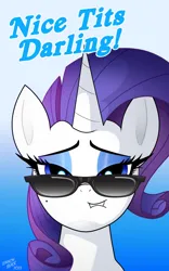 Size: 750x1200 | Tagged: suggestive, alternate version, artist:lennonblack, rarity, pony, unicorn, g4, gradient background, image, looking at you, meme, png, solo, sunglasses, the ass was fat, vulgar