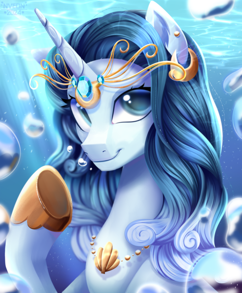 Size: 2110x2550 | Tagged: safe, artist:nveon, derpibooru import, oc, oc:moonwater, unofficial characters only, alicorn, seapony (g4), absurd resolution, beautiful, blue eyes, blue mane, bubble, bust, clothes, commission, crepuscular rays, crown, cute, digital art, ear fluff, ear piercing, earring, flowing mane, gem, hoof shoes, horn, image, jewelry, looking at you, necklace, ocean, pearl necklace, piercing, png, portrait, raised hoof, regalia, scales, seaponified, seashell, seashell necklace, shoes, smiling, smiling at you, solo, species swap, sunlight, swimming, underwater, water