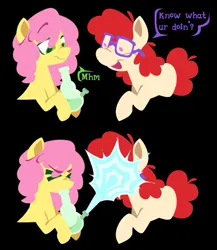 Size: 867x1001 | Tagged: safe, artist:partyponypower, derpibooru import, li'l cheese, twist, earth pony, pony, the last problem, ><, black background, bong, colored pinnae, colt, cream coat, curly mane, curly tail, dialogue, dot eyes, drug use, drugs, duo, duo male and female, eyebrows, eyebrows visible through hair, eyes closed, female, filly, foal, g4, green eyes, green text, image, jpeg, lineless, long mane, long mane male, male, marijuana, missing cutie mark, no catchlights, nose wrinkle, older li'l cheese, older twist, pink eyes, pink mane, purple text, raised hoof, red mane, red tail, simple background, tail, talking, teenage li'l cheese, teenage twist, teenager, text, yellow coat, you tried