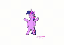 Size: 398x278 | Tagged: safe, artist:petaltwinkle, derpibooru import, twilight sparkle, twilight sparkle (alicorn), alicorn, pony, animated, bipedal, commission, cute, dancing, eyelashes, eyes closed, female, folded wings, g4, gif, happy, image, long mane, long tail, loop, lowres, mare, multicolored mane, multicolored tail, purple coat, signature, simple background, smiling, spread wings, standing on two hooves, straight mane, straight tail, tail, twiabetes, white background, wings, your character here