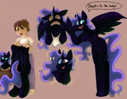Size: 2048x1609 | Tagged: safe, artist:aero_moon, derpibooru import, nightmare moon, alicorn, anthro, human, unguligrade anthro, breasts, commission, featureless breasts, human to anthro, image, jpeg, male to female, open mouth, open smile, ponysuit, possession, rule 63, simple background, smiling, speech bubble, transformation, transgender transformation, ych result