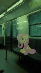 Size: 564x1002 | Tagged: safe, artist:hionazzz, derpibooru import, part of a set, fluttershy, pegasus, pony, background human, bags under eyes, bench, depressed, food, g4, green background, image, irl, jpeg, looking up, photo, public transportation, real life background, simple background, sitting, solo, stain, subway, train