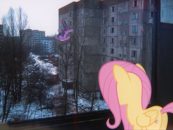 Size: 563x423 | Tagged: safe, artist:hionazzz, derpibooru import, part of a set, fluttershy, twilight sparkle, pegasus, pony, unicorn, apartment, architecture, concrete, depressed, duo, forest, g4, horn, image, irl, jpeg, looking at someone, looking away, nature, photo, real life background, snow, suicide, tree, window