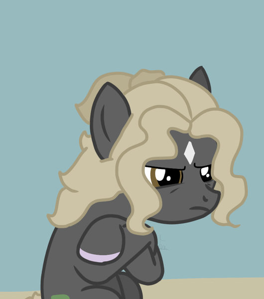 Size: 735x832 | Tagged: safe, artist:thomas.senko, derpibooru import, oc, oc:black betty, earth pony, pony, angry, angry face, blonde, crossed arms, crossed hooves, dark skin, dessert, earth pony oc, female, female oc, image, mare, png