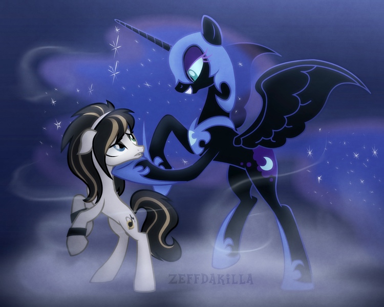 Size: 2500x2000 | Tagged: safe, artist:zeffdakilla, derpibooru import, nightmare moon, oc, oc:lockette, alicorn, earth pony, pony, bipedal, bracelet, canon x oc, chin up, concave belly, duo, emo, female, fog, gradient background, headband, height difference, holding chin, image, jewelry, lesbian, lip piercing, looking at each other, looking at someone, mare, piercing, png, rearing, shipping, slender, smiling, tall, thin