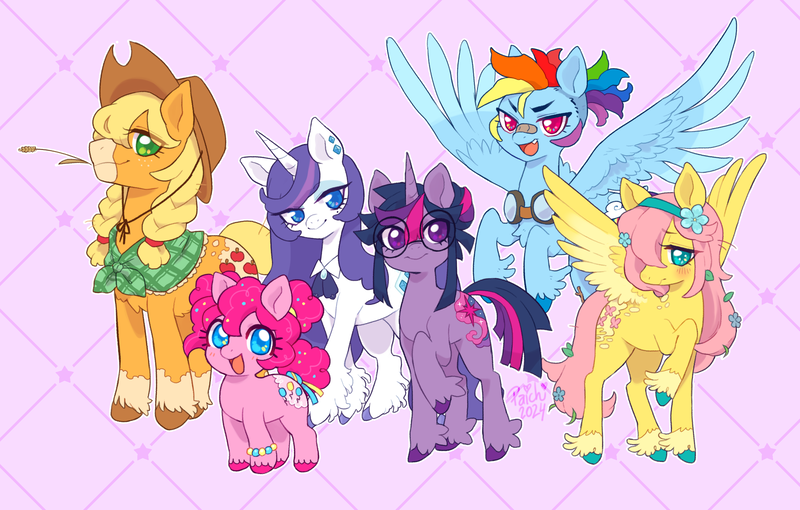 Size: 3029x1931 | Tagged: safe, artist:paichi-art, derpibooru import, applejack, fluttershy, pinkie pie, rainbow dash, rarity, twilight sparkle, earth pony, pegasus, pony, unicorn, alternate cutie mark, alternate design, alternate hairstyle, alternate tailstyle, female, flower, flower in hair, g4, glasses, goggles, goggles around neck, height difference, high res, horn, image, mane six, mare, outline, patterned background, physique difference, png, purple background, redesign, round glasses, shawl, signature, simple background, smol, spread wings, straw in mouth, tail, unicorn twilight, wings