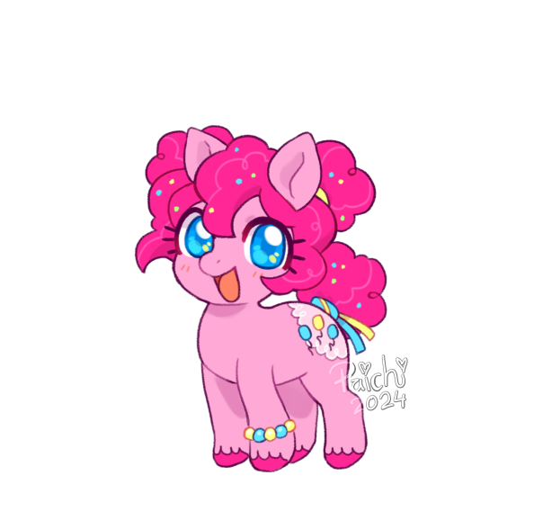 Size: 604x568 | Tagged: safe, artist:paichitaron, derpibooru import, part of a set, pinkie pie, earth pony, pony, alternate design, alternate hairstyle, alternate tailstyle, big eyes, blushing, bracelet, colored hooves, colored pinnae, curly mane, curly tail, cute, diapinkes, floppy ears, g4, hair bun, image, jewelry, looking at you, open mouth, open smile, png, redesign, short, simple background, smiling, smiling at you, solo, space buns, sparkly eyes, tail, tail wrap, tied mane, tied tail, transparent background, unshorn fetlocks, wingding eyes