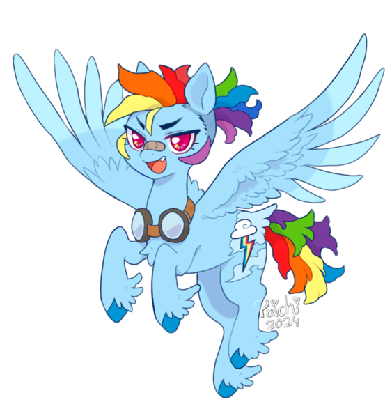 Size: 735x784 | Tagged: safe, artist:paichitaron, derpibooru import, part of a set, rainbow dash, pegasus, pony, alternate design, alternate hairstyle, alternate tailstyle, bandaid, bandaid on nose, chest fluff, colored hooves, colored pinnae, fangs, female, fetlock tuft, floppy ears, flying, g4, goggles, goggles around neck, image, mare, narrowed eyes, open mouth, open smile, png, redesign, signature, simple background, smiling, solo, sparkly eyes, spread wings, tail, transparent background, unshorn fetlocks, wingding eyes, wings