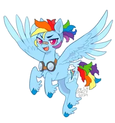 Size: 735x784 | Tagged: safe, artist:paichitaron, derpibooru import, part of a set, rainbow dash, pegasus, pony, alternate design, alternate hairstyle, alternate tailstyle, bandaid, bandaid on nose, chest fluff, colored hooves, colored pinnae, fangs, female, fetlock tuft, floppy ears, flying, g4, goggles, goggles around neck, image, mare, narrowed eyes, open mouth, open smile, png, redesign, signature, simple background, smiling, solo, sparkly eyes, spread wings, tail, transparent background, unshorn fetlocks, wingding eyes, wings
