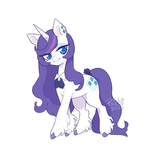 Size: 750x727 | Tagged: safe, artist:paichi-art, derpibooru import, part of a set, rarity, pony, unicorn, alternate hairstyle, beauty mark, bow, colored pinnae, ear piercing, earring, female, fetlock tuft, floppy ears, g4, hoof fluff, horn, image, jewelry, lapel, leg fluff, long feather, long legs, long mane, long tail, mare, neck bow, outline, piercing, png, redesign, signature, simple background, smiling, solo, sparkly eyes, tail, tail bow, thin legs, tied tail, transparent background, two toned mane, watermark, wingding eyes