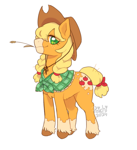Size: 750x824 | Tagged: safe, artist:paichitaron, derpibooru import, part of a set, applejack, earth pony, pony, alternate hairstyle, applejack's hat, braid, braided pigtails, coat markings, colored hooves, colored muzzle, colored pinnae, cowboy hat, eye clipping through hair, facial markings, female, floppy ears, freckles, g4, hat, image, looking at you, mare, mealy mouth (coat marking), pigtails, png, profile, redesign, shawl, signature, simple background, smiling, smiling at you, socks (coat marking), solo, sparkly eyes, straw in mouth, tail, tied mane, tied tail, transparent background, unshorn fetlocks, wingding eyes