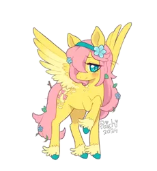 Size: 676x734 | Tagged: safe, artist:paichitaron, derpibooru import, part of a set, fluttershy, pegasus, pony, blushing, coat markings, colored pinnae, colored wings, eye clipping through hair, eyebrows, eyebrows visible through hair, female, fetlock tuft, floppy ears, flower, flower in hair, flower in tail, frown, g4, hair over one eye, hairband, headband, image, leaves in mane, leaves in tail, long legs, long mane, long tail, mare, png, profile, raised hoof, redesign, shy, signature, simple background, socks (coat marking), solo, sparkly eyes, spread wings, stick in tail, tail, thin legs, transparent background, two toned wings, unshorn fetlocks, wingding eyes, wings