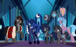 Size: 1038x648 | Tagged: safe, artist:nebulalullaby, derpibooru import, idw, king sombra, princess luna, radiant hope, oc, unnamed oc, alicorn, pony, unicorn, alicornified, base used, castle, family, female, horn, image, jpeg, long horn, male, mare, offspring, parent:king sombra, parent:princess luna, parent:radiant hope, parents:hopebra, parents:lumbra, polyamory, race swap, reformed sombra, ship:hopebra, ship:lumbra, shipping, stallion, straight