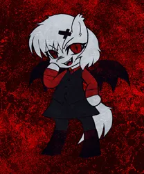 Size: 1589x1907 | Tagged: safe, artist:menalia, derpibooru import, oc, oc:rimo, unofficial characters only, pony, undead, vampire, vampony, abstract background, bat wings, bipedal, clothes, evil grin, fangs, female, grin, image, looking at you, mare, png, red background, shirt, simple background, skirt, smiling, vest, wings