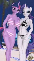 Size: 720x1280 | Tagged: suggestive, artist:midnightdanny, ponerpics import, rarity, twilight sparkle, anthro, 3d, abs, bikini, breasts, clothes, female, image, jpeg, swimsuit, toned, toned female