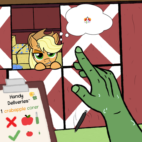 Size: 3000x3000 | Tagged: suggestive, alternate version, artist:wren, applejack, oc, oc:anon, earth pony, human, pony, art pack:fun size 3, apple, applejack's hat, barn, bedroom eyes, cowboy hat, emoji, eyebrows, food, hat, image, imminent sex, lip bite, looking at you, pen, petals, png, sweat, thought bubble