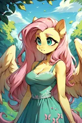 Size: 896x1344 | Tagged: safe, ai content, derpibooru import, machine learning generated, prompter:saberclaw1x, fluttershy, anthro, pegasus, blushing, breasts, busty fluttershy, cleavage, clothes, dress, g4, image, nature, partially open wings, png, solo, sundress, wings