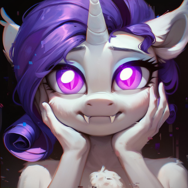 Size: 1024x1024 | Tagged: safe, ai content, derpibooru import, machine learning generated, prompter:thedaren666, stable diffusion, rarity, anthro, unicorn, bat eyes, cheek fluff, chest fluff, ear fluff, error, eyebrows, eyeshadow, fangs, fluffy, g4, generator:pony diffusion v6 xl, glitch, hand on face, horn, image, looking at you, makeup, png, prompt in description, purple eyes, smiling, solo, yandere