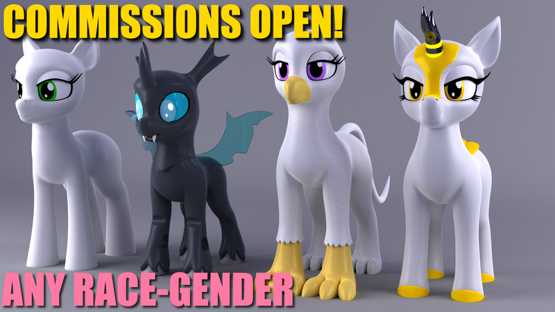 Size: 1920x1080 | Tagged: safe, artist:argos90, derpibooru import, changeling, gryphon, kirin, pony, 3d, 3d model, commission, image, png, your character here