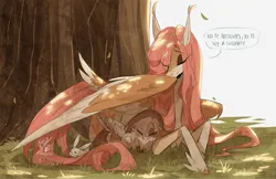 Size: 2048x1330 | Tagged: safe, artist:iheyyasyfox, derpibooru import, angel bunny, fluttershy, oc, oc:cindy fugax, pegasus, pony, rabbit, adopted offspring, animal, comforting, cuddling, cute, dialogue, eye clipping through hair, fanfic in the description, female, filly, foal, image, jpeg, lying down, male, mare, maternal instinct, mother and child, mother and daughter, outdoors, parent:fluttershy, prone, shade, simple background, spanish, speech bubble, tree, trio, white background, wing shelter, wings