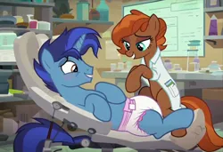 Size: 1216x832 | Tagged: suggestive, ai content, derpibooru import, machine learning generated, oc, earth pony, pony, unicorn, clothes, diaper, diaper fetish, duo, female, fetish, horn, image, jpeg, lab, lab coat, male, mare, show accurate, stallion
