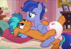 Size: 1216x832 | Tagged: suggestive, ai content, derpibooru import, machine learning generated, oc, earth pony, pegasus, pony, bed, cuddling, diaper, diaper fetish, female, fetish, image, jpeg, male, mare, show accurate, stallion