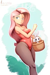 Size: 3000x4500 | Tagged: suggestive, artist:azuretto, derpibooru import, angel bunny, fluttershy, human, rabbit, animal, basket, breasts, busty fluttershy, duo, duo male and female, easter basket, female, humanized, image, low angle, male, png, signature, wide hips