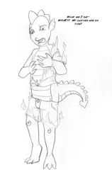 Size: 650x1026 | Tagged: safe, artist:arania, derpibooru import, spike, dragon, burning, clothes, dialogue, fire, human to dragon, image, jpeg, male, monochrome, transformation, transformation sequence