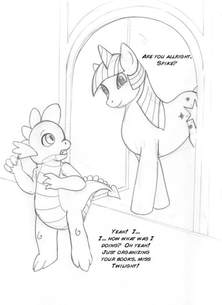 Size: 650x893 | Tagged: safe, artist:arania, derpibooru import, spike, twilight sparkle, dragon, pony, unicorn, dialogue, doorway, duo, female, human to dragon, image, jpeg, male, mare, monochrome, transformation, transformation sequence, unicorn twilight