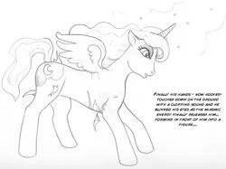 Size: 900x674 | Tagged: safe, artist:arania, derpibooru import, princess luna, alicorn, pony, dialogue, human to pony, image, jpeg, male to female, monochrome, open mouth, rule 63, transformation, transformation sequence, transgender transformation