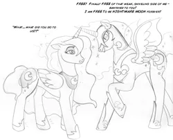 Size: 900x728 | Tagged: safe, artist:arania, derpibooru import, nightmare moon, princess luna, alicorn, pony, dialogue, duo, female, frown, grin, human to pony, image, jpeg, male to female, mare, monochrome, rule 63, smiling, transformation, transformation sequence, transgender transformation