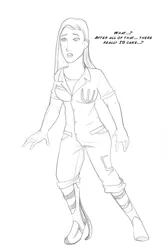 Size: 700x1050 | Tagged: safe, artist:arania, derpibooru import, human, character to character, chell, dialogue, female, human to pony, image, jpeg, monochrome, portal (valve), solo, transformation, transformation sequence