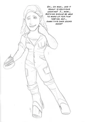 Size: 700x999 | Tagged: safe, artist:arania, derpibooru import, human, pony, cake, character to character, chell, dialogue, female, food, holding, human to pony, image, jpeg, monochrome, portal (valve), smiling, transformation, transformation sequence